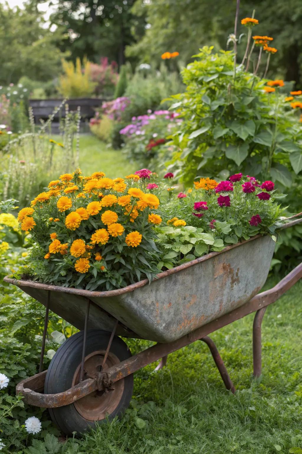 A wheelbarrow converted into a planter, alive with a tapestry of colorful flowers.