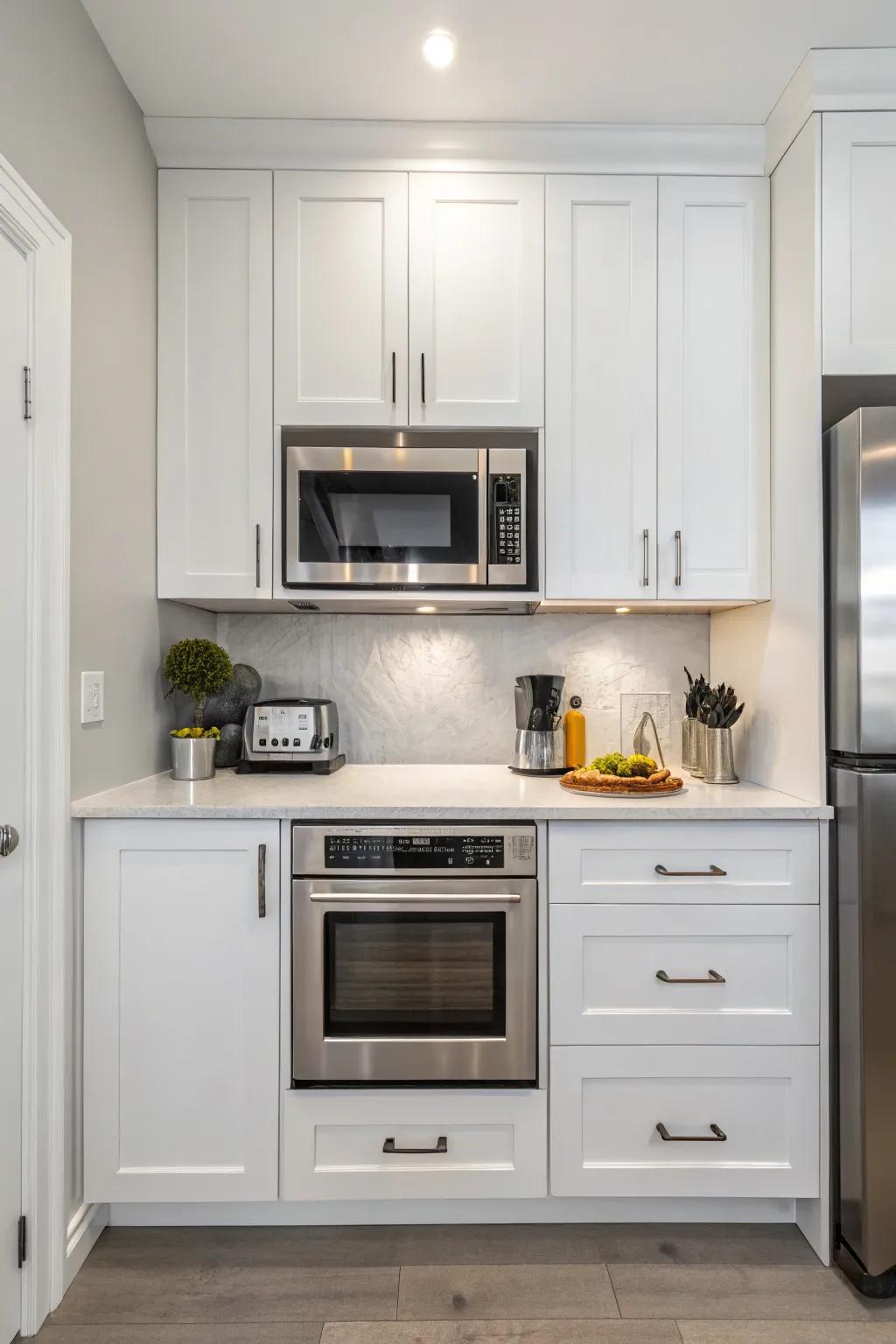 A microwave seamlessly built into kitchen cabinetry for a streamlined design.