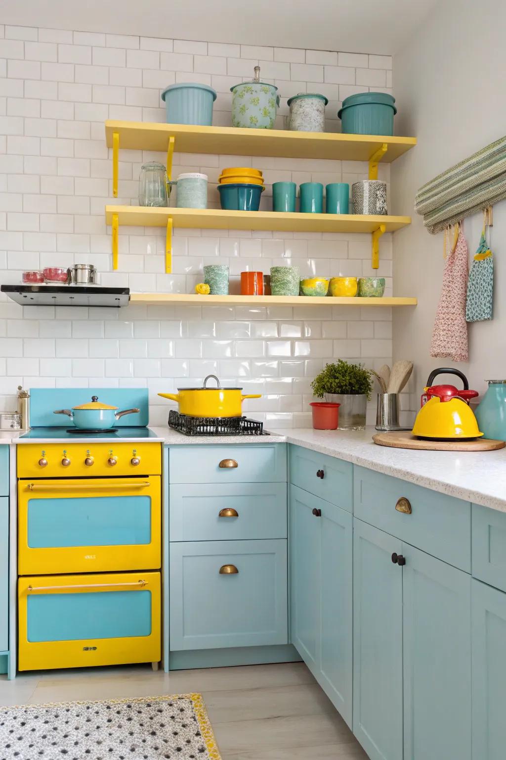 Vivid hues breathe vitality into a whimsical kitchen setting.
