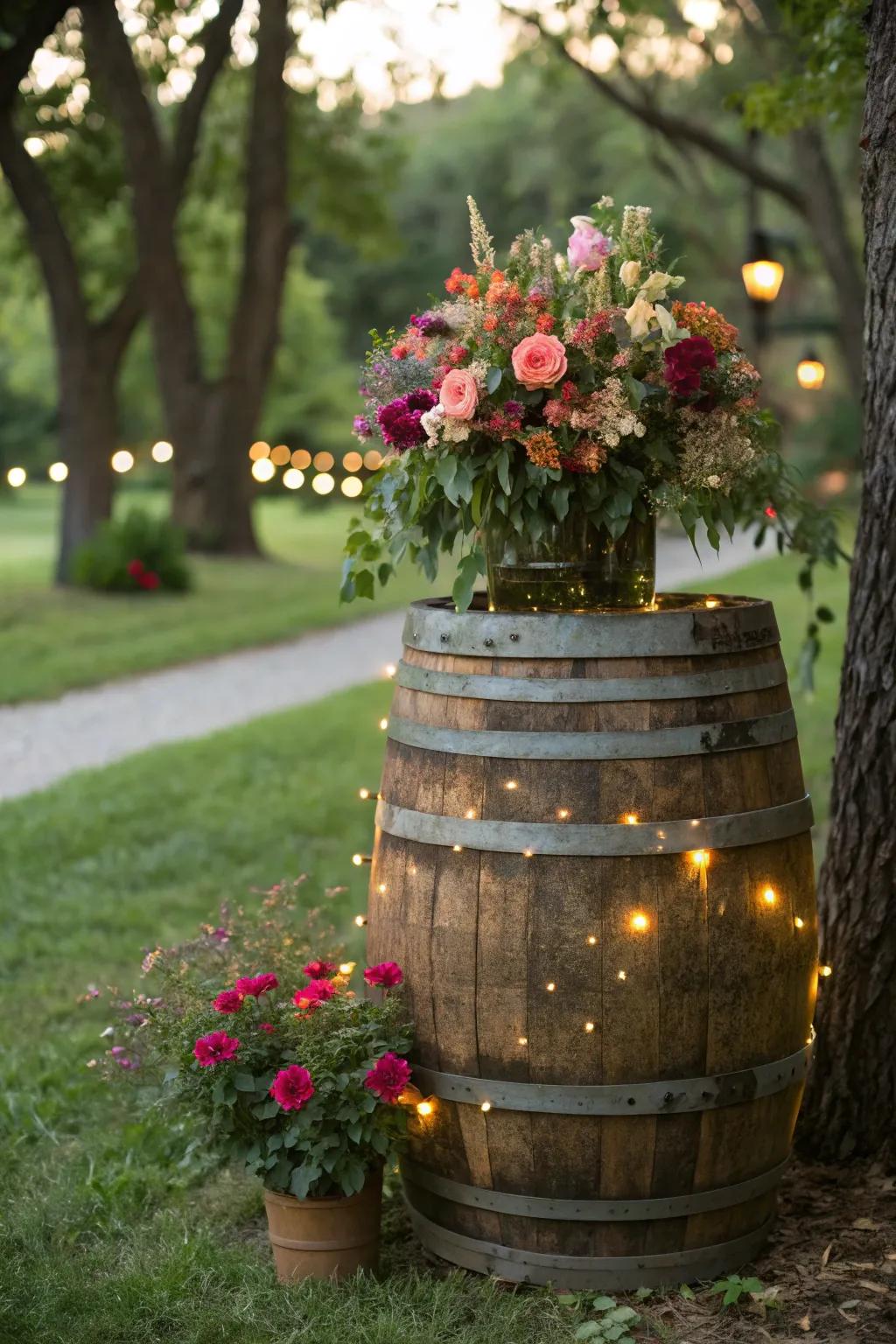 An archetypal salvaged liquor cask planter embellished with twinkle lights for a charming impression.