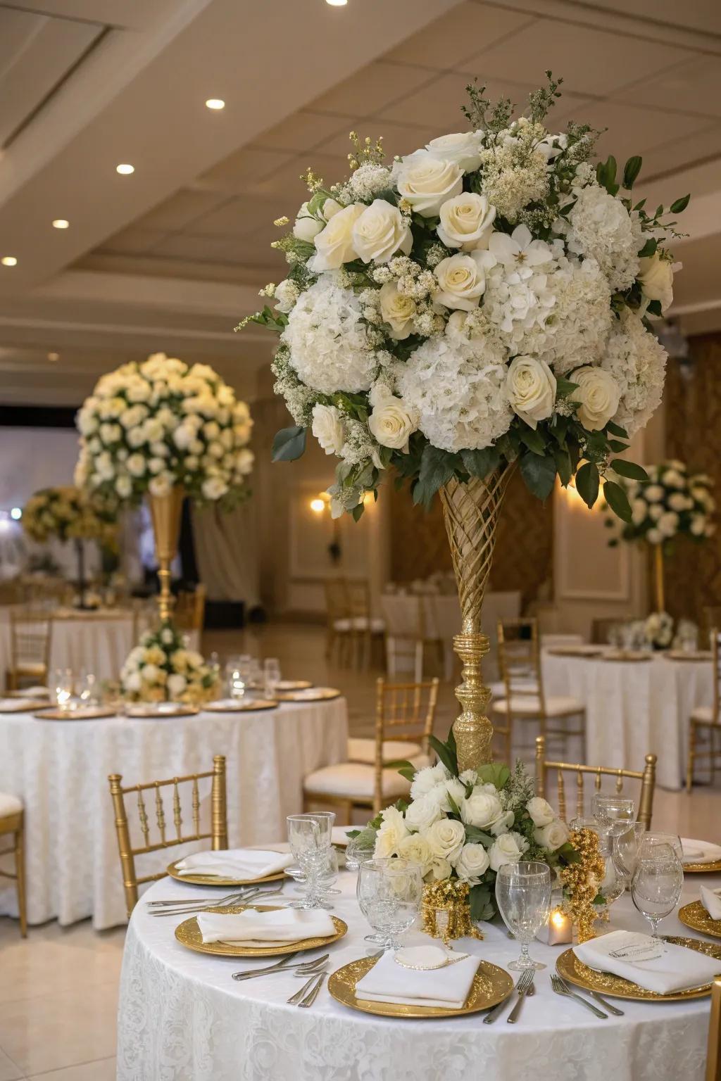 Refined floral arrangements enhanced with white and gold.