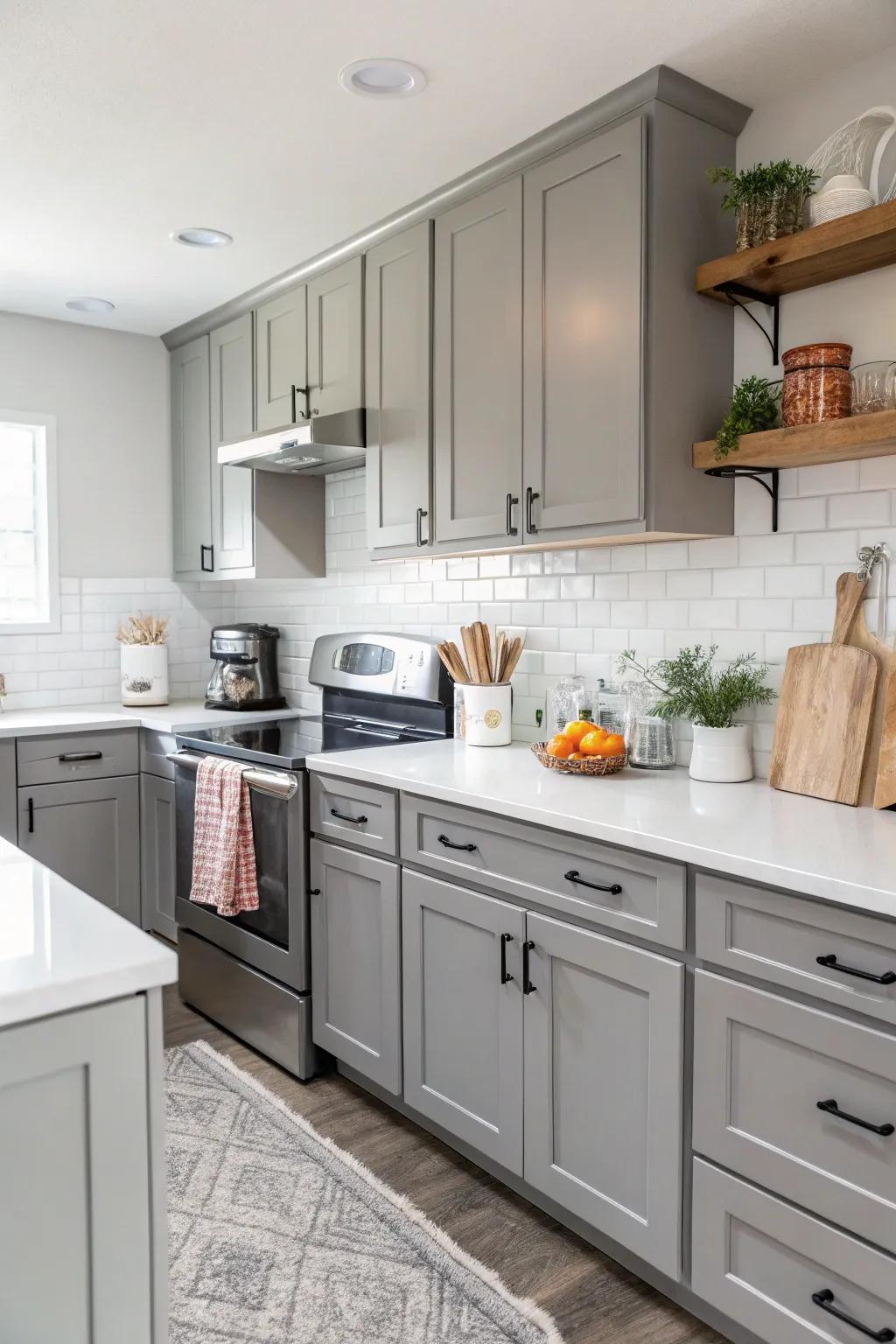 Grey shaker cabinets bring an everlasting feel to this modern kitchen.