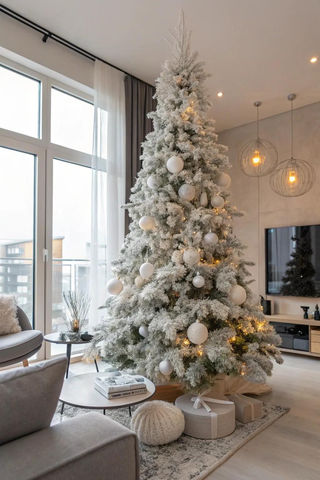 A flocked tree embellished with silver and white ornaments evokes a serene, snowy ambiance.