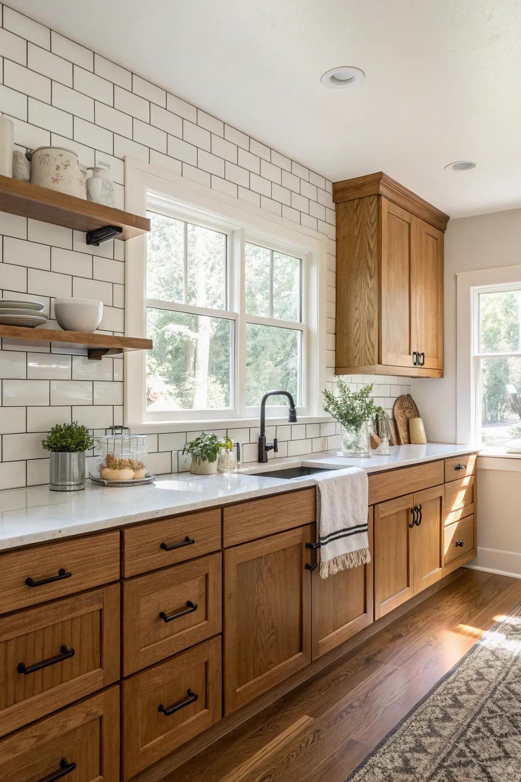 Classic ivory rectangular tiles harmonize with the wood finish cabinetry.
