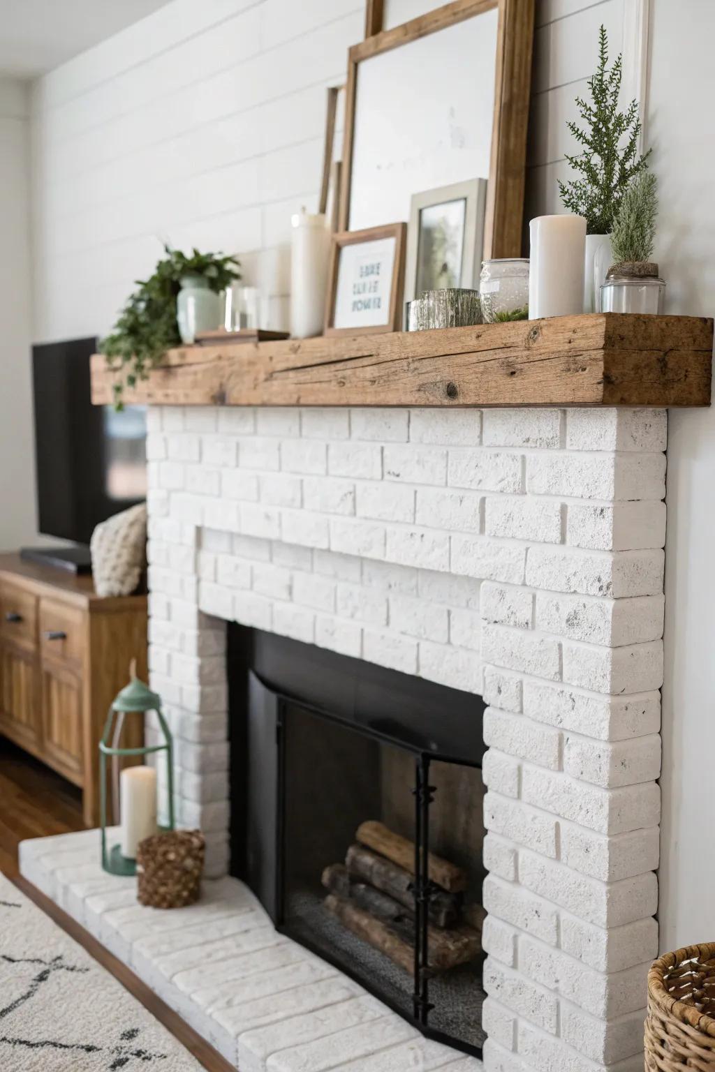 A country-style wooden mantel brings warmth to the white brick scenery.