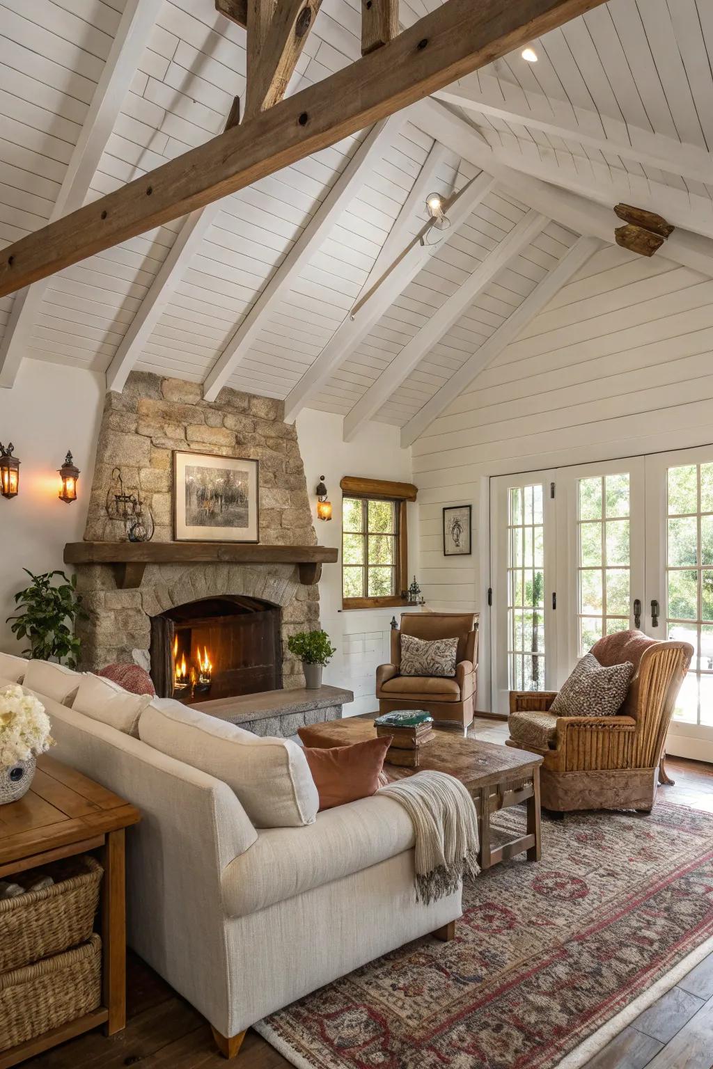 A countryside living space displaying a white ceiling with exposed supports, crafting a welcoming and appealing setting.