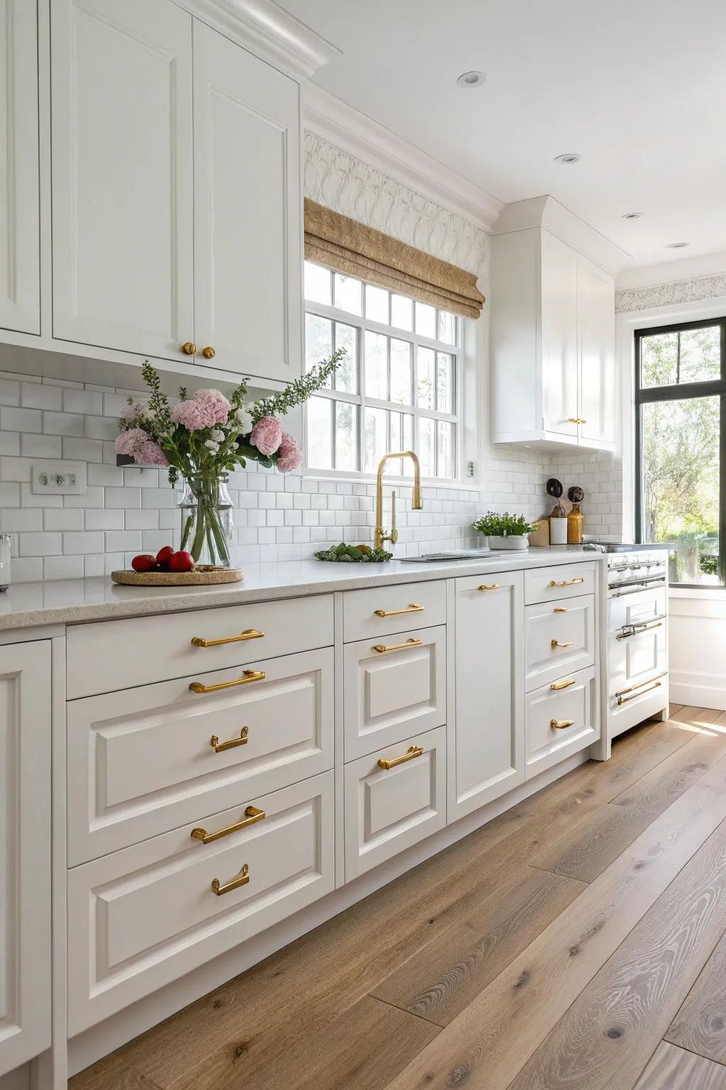 Sophisticated golden alloy levers improving the friendliness of an ivory cooking area.