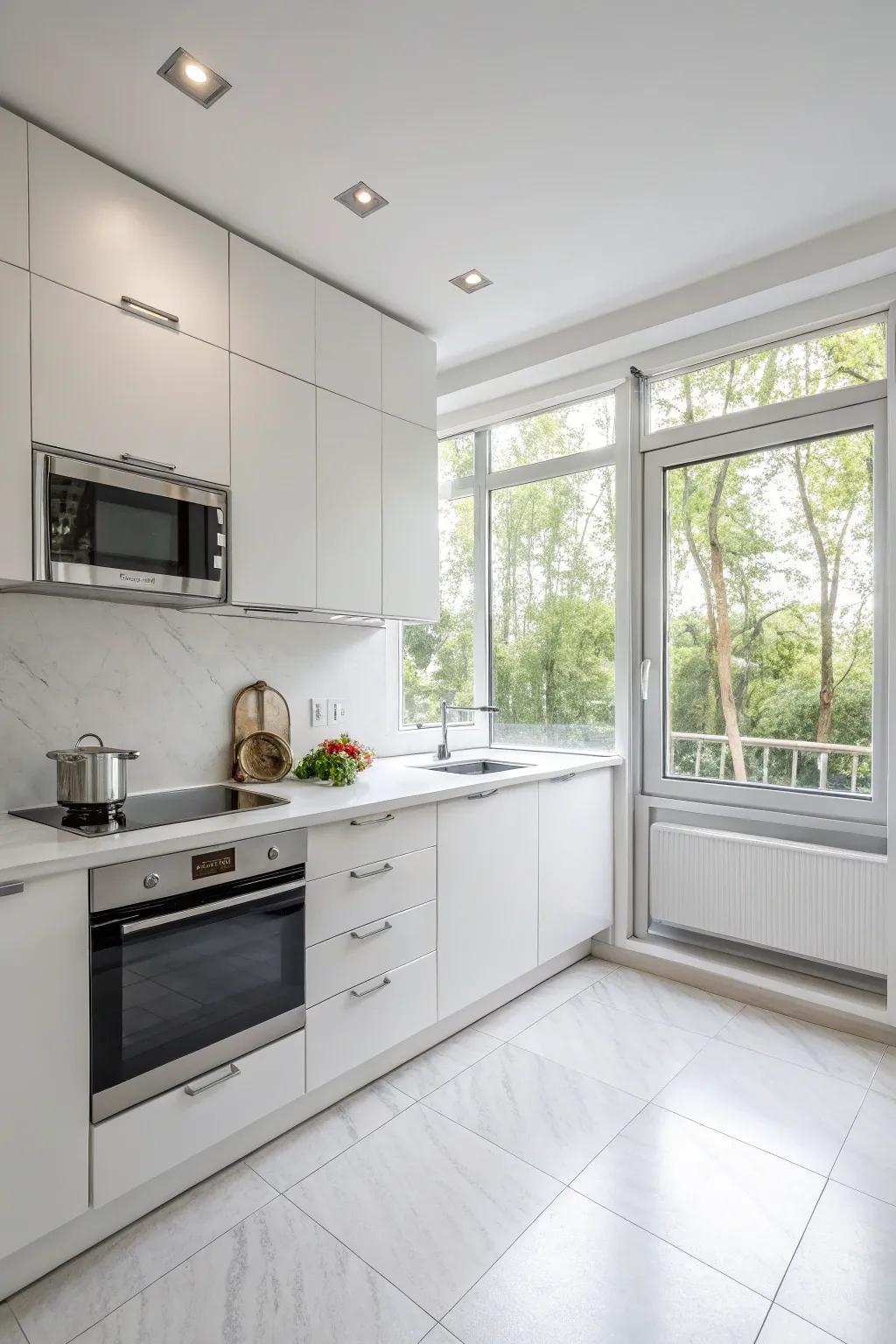 Sleek white cabinets in a modern, minimalist kitchen create an inviting and spacious atmosphere.