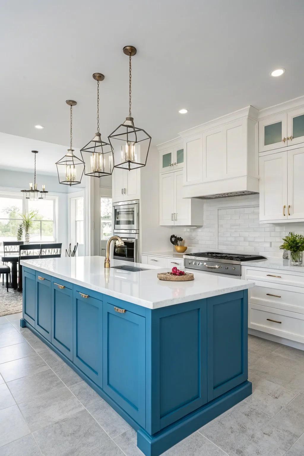 A striking blue island enlivens an all-white kitchen, instantly drawing attention.