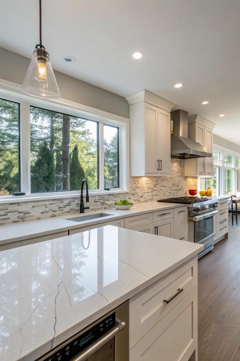 Full height quartz backsplash crafting a sleek and refined kitchen ambiance.