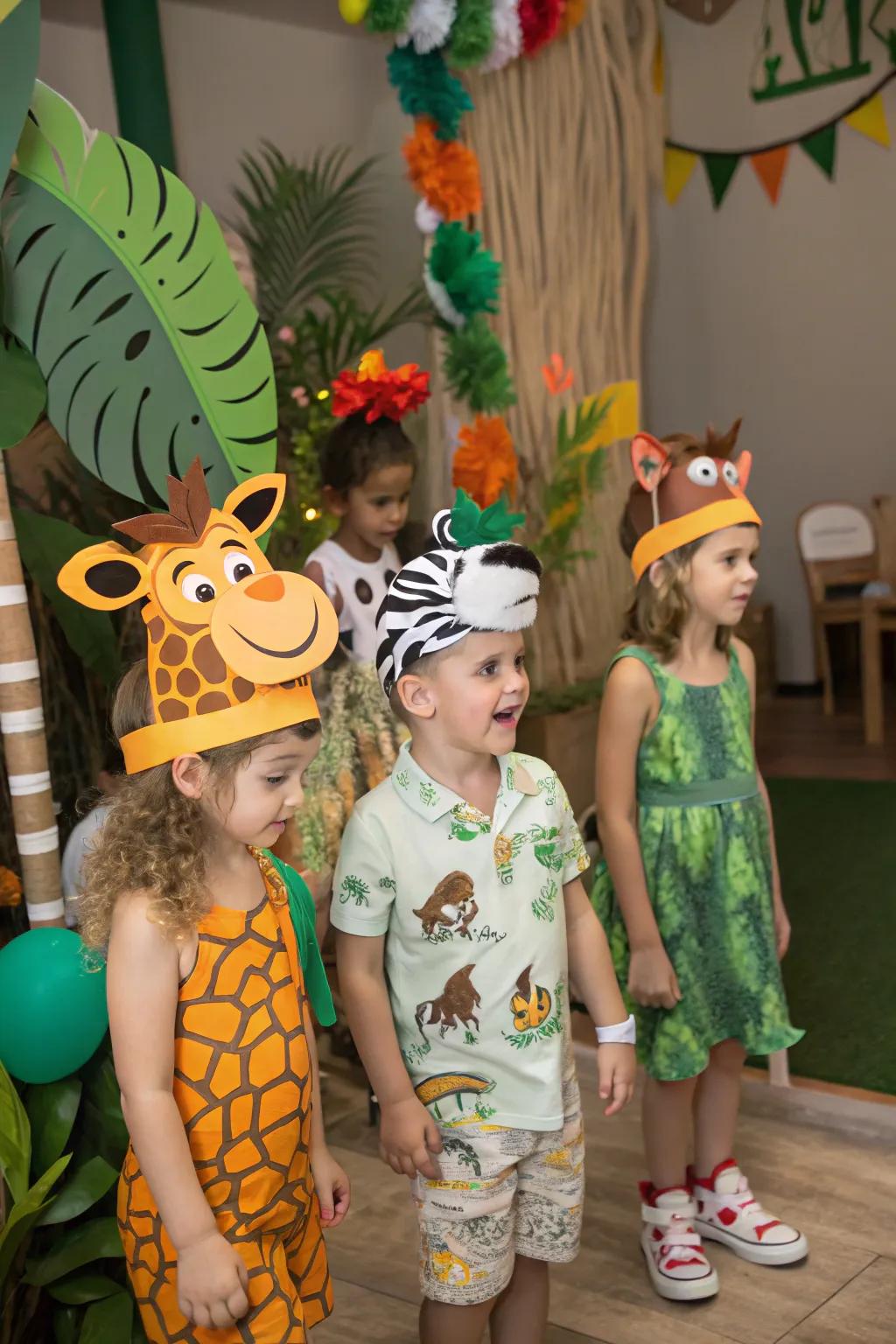 Children morphing into untamed creatures with playful jungle crowns.