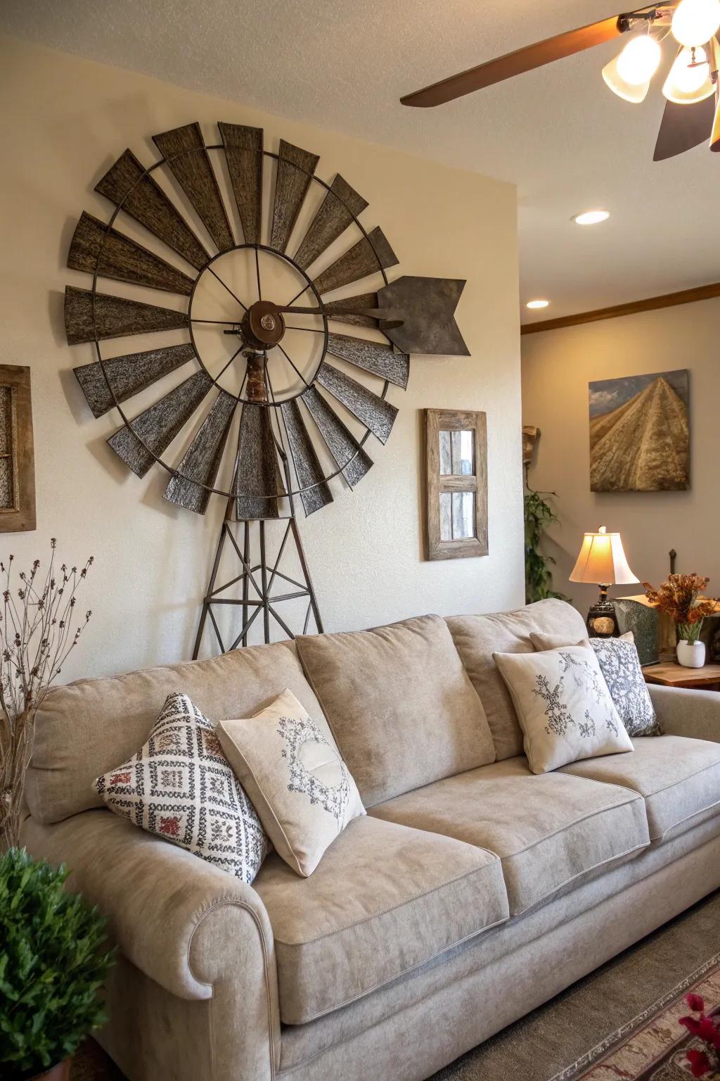 A striking windmill feature above the sofa ensures a welcoming focal point.