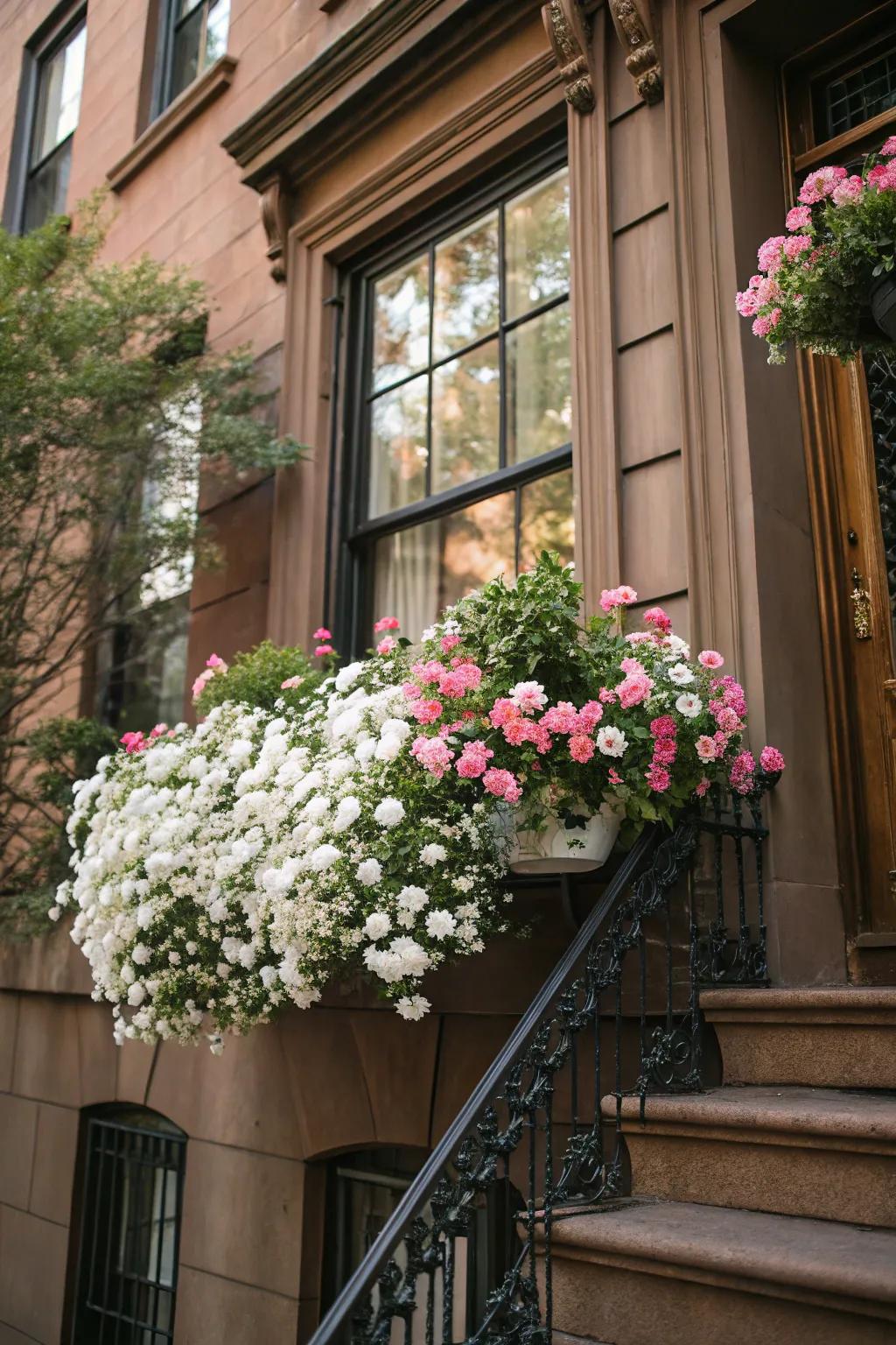 A balanced color arrangement featuring white and pink flowers set against a brownstone.