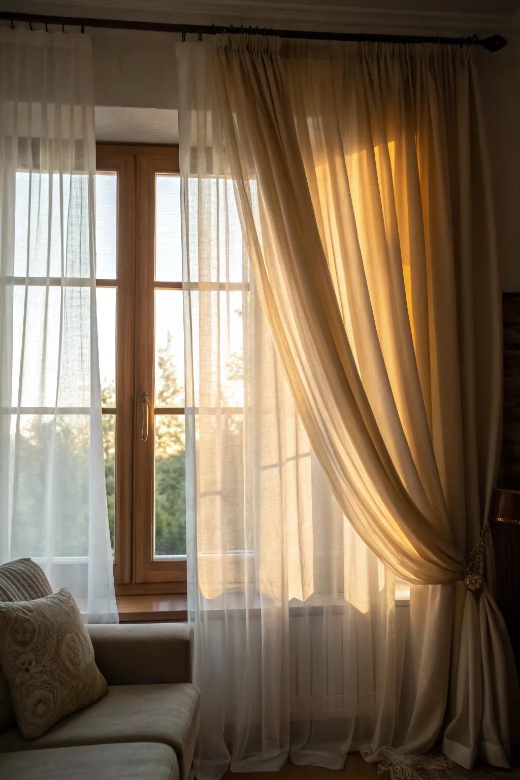 Layered window panels craft an environment of depth and customizable lighting in this intimate family room.