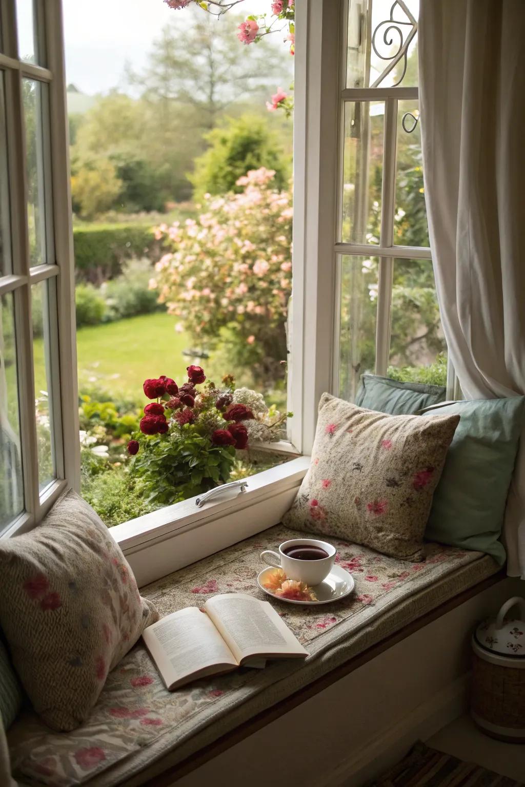 A window seat bathed in natural light, providing a tranquil view of the garden.