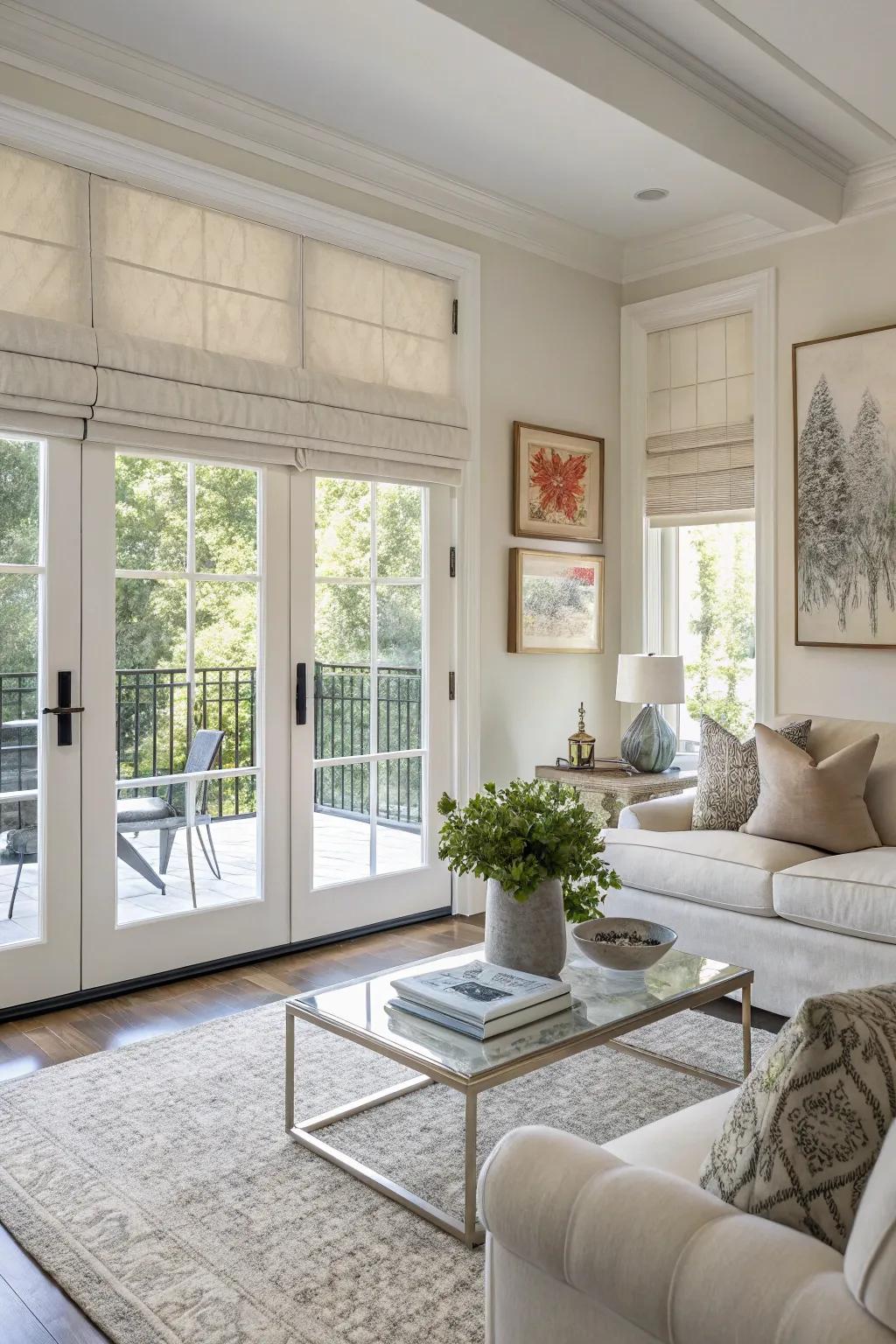 Folded shades impart a bespoke charm to French doors.