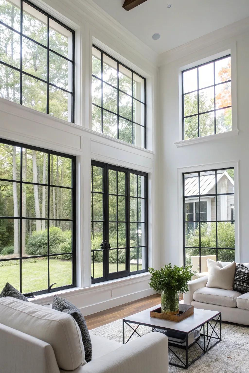 Black window trim imparts a modern sophistication to a radiant living space.