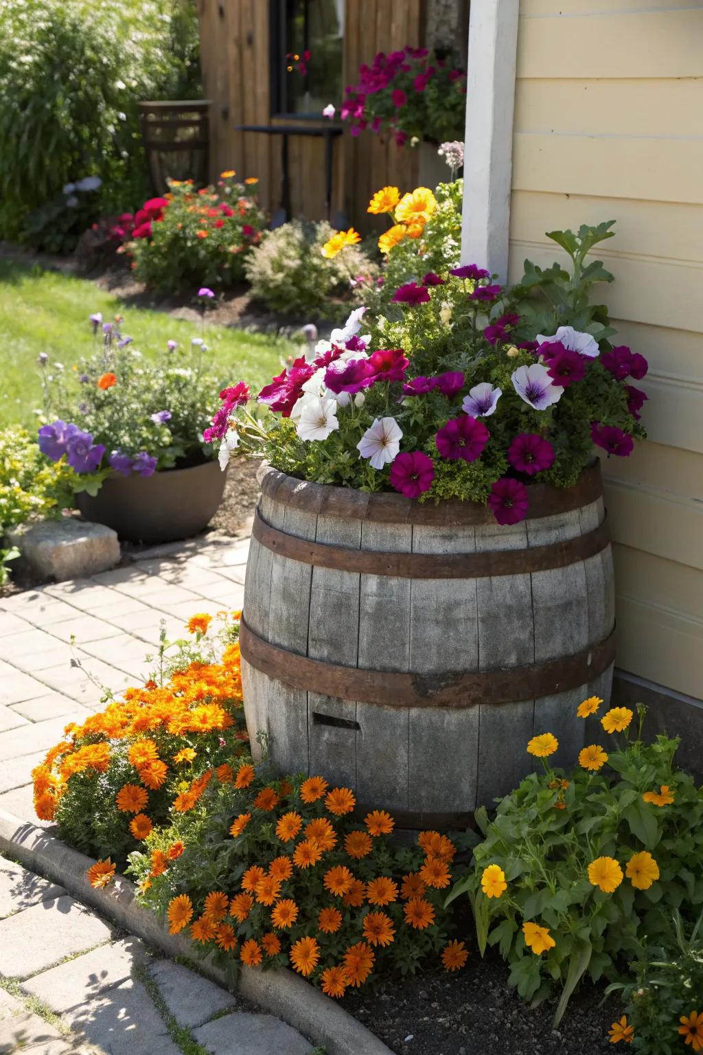 A classic wine barrel lavished with vibrant blooms.
