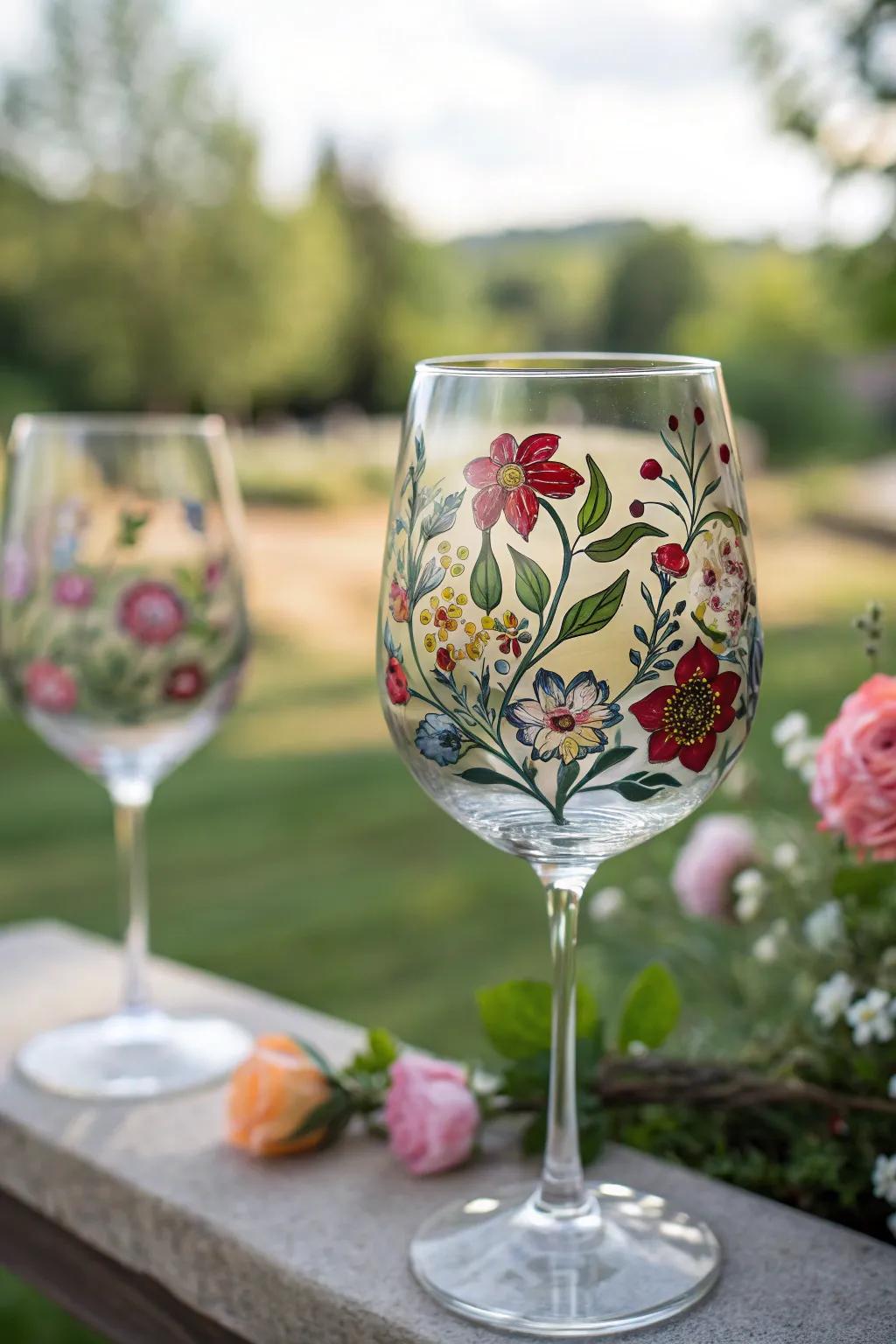 A hand-painted floral wine glass embodying the spirit of spring.
