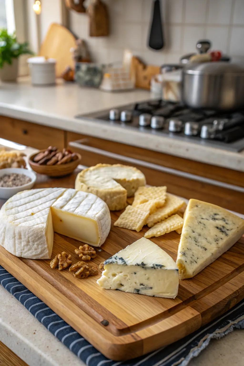 An alluring selection of cheeses poised for enjoyment.