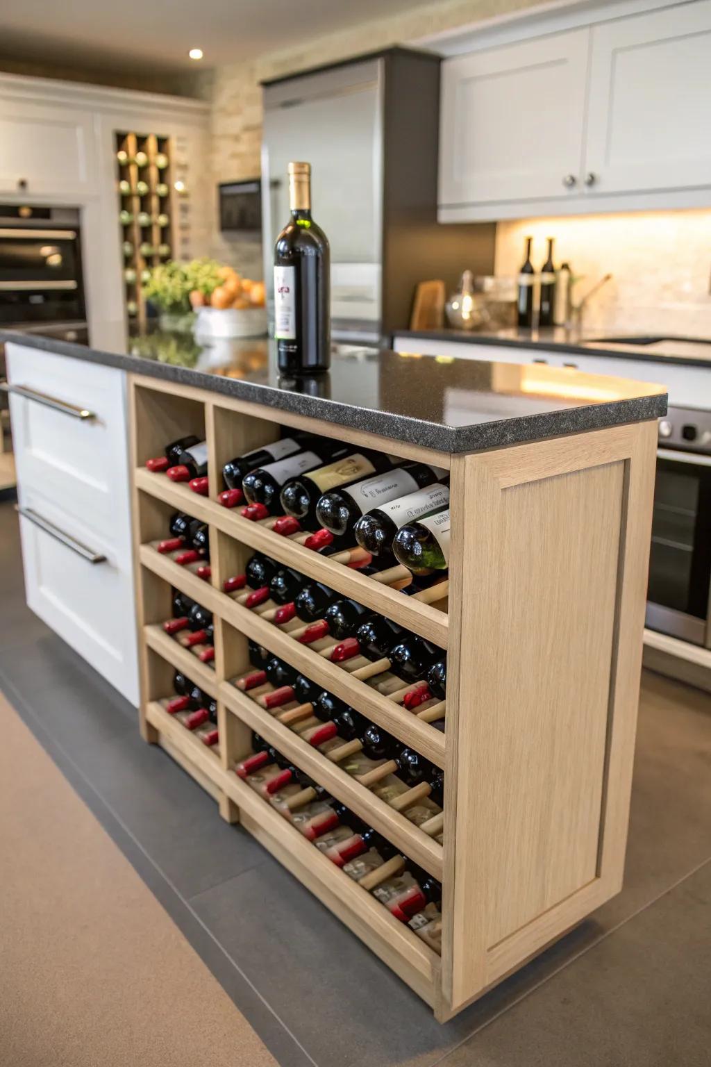 A kitchen island equipped with integrated wine storage combines elegance and utility.