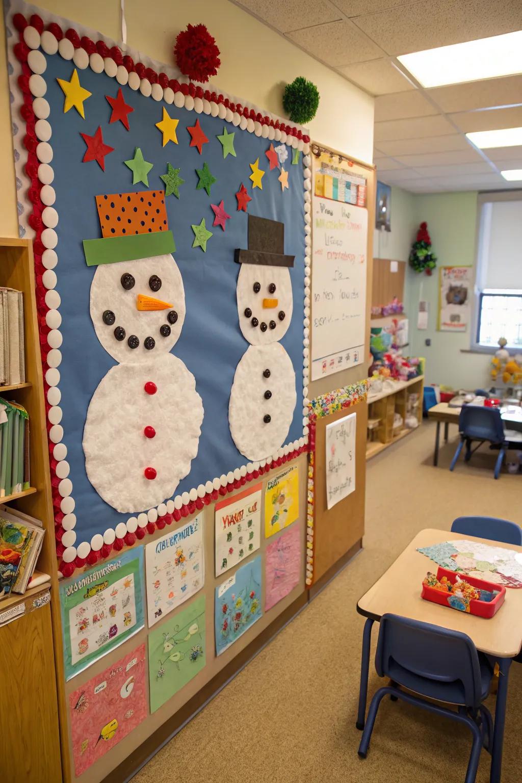 Self-made snowmen infuse the preschool bulletin board with winter enchantment.