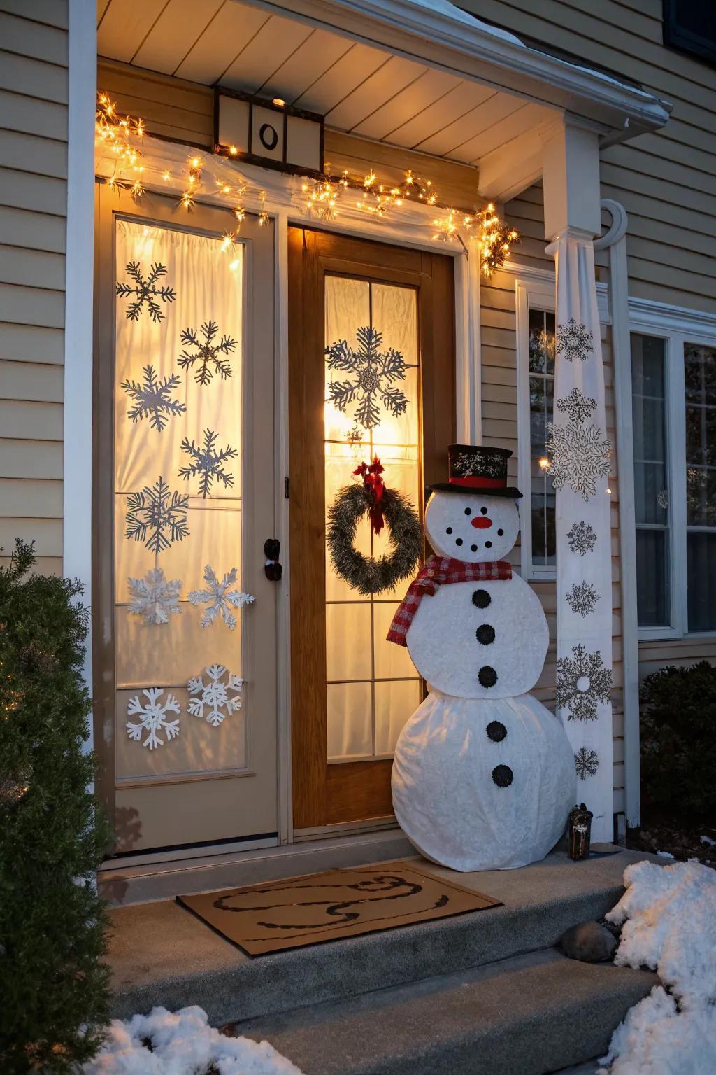 An adorable snowman welcomes guests with a playful winter mood.