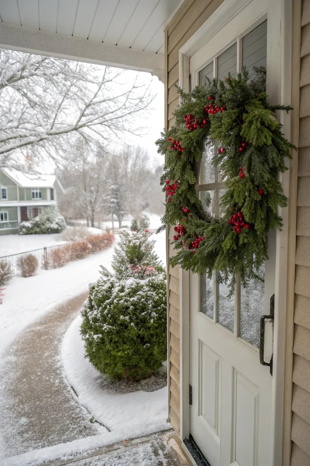 An entrance decorated with a vibrant evergreen garland, ideal for the winter season.