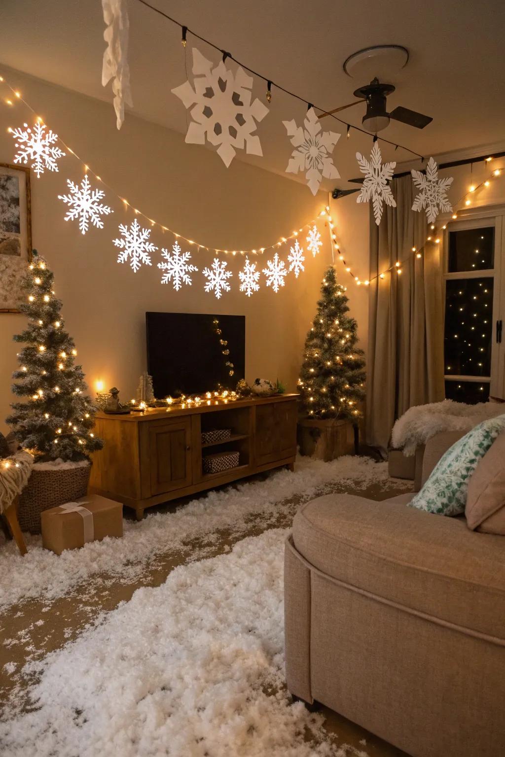 A lounge area converted into an enchanting Realm of Winter.