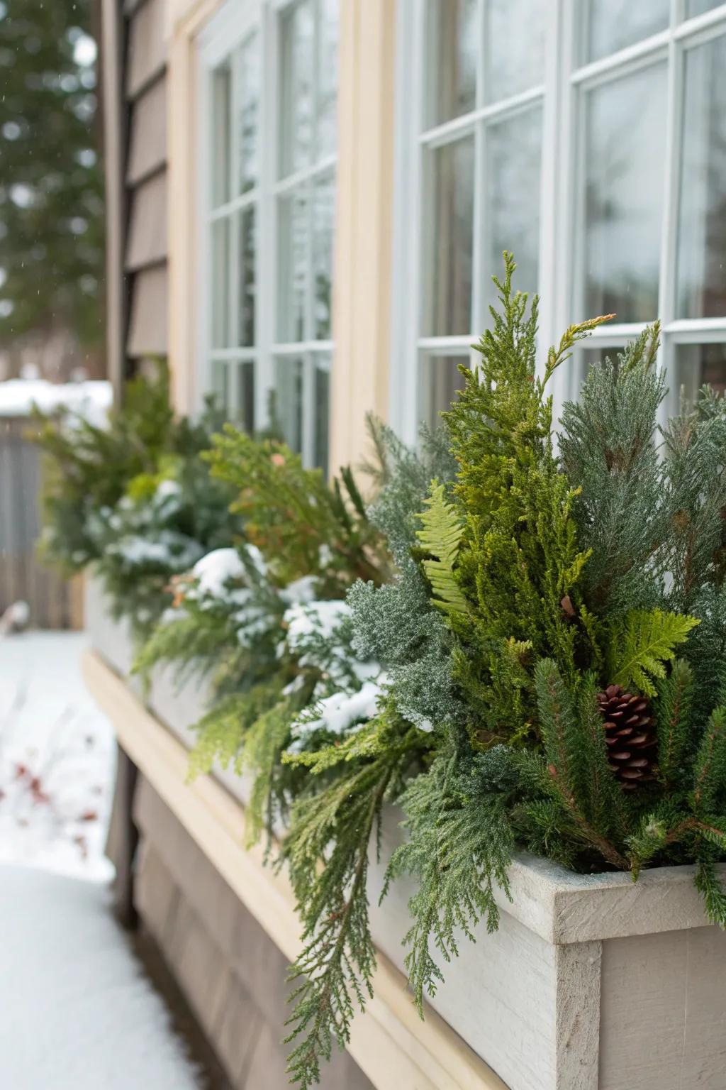 A winter window box showcasing an array of lush evergreens in diverse shades offers a timeless aesthetic.