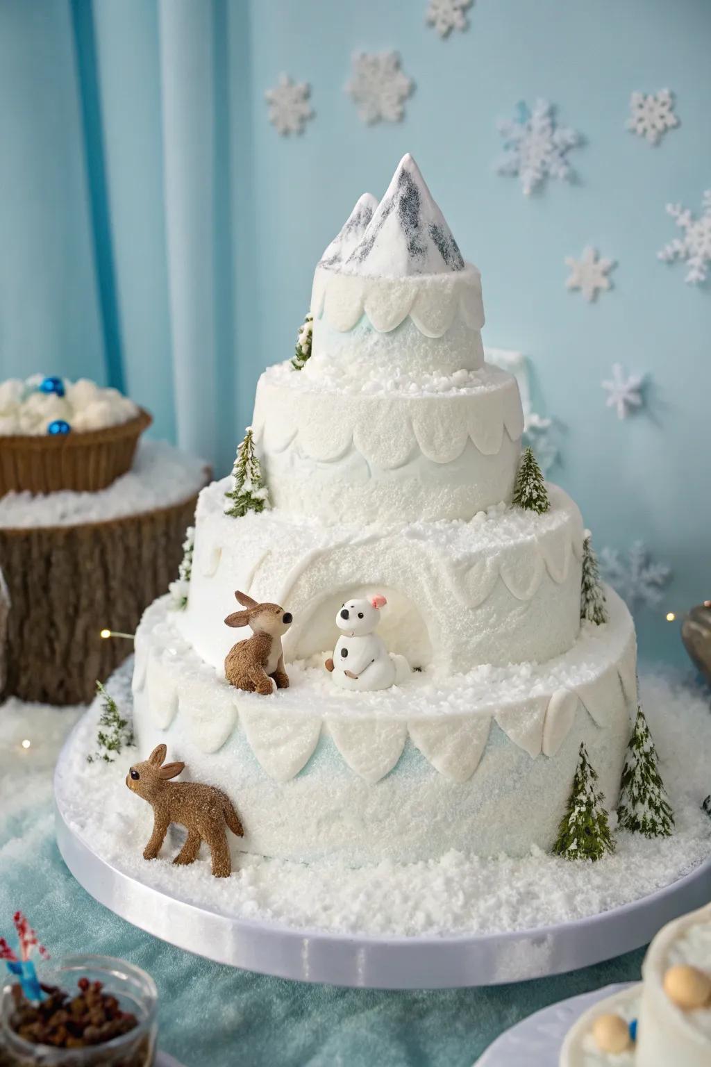 A glacial peak cake featuring sweet baby creatures, ideally suited for a winter wonderland ambiance.