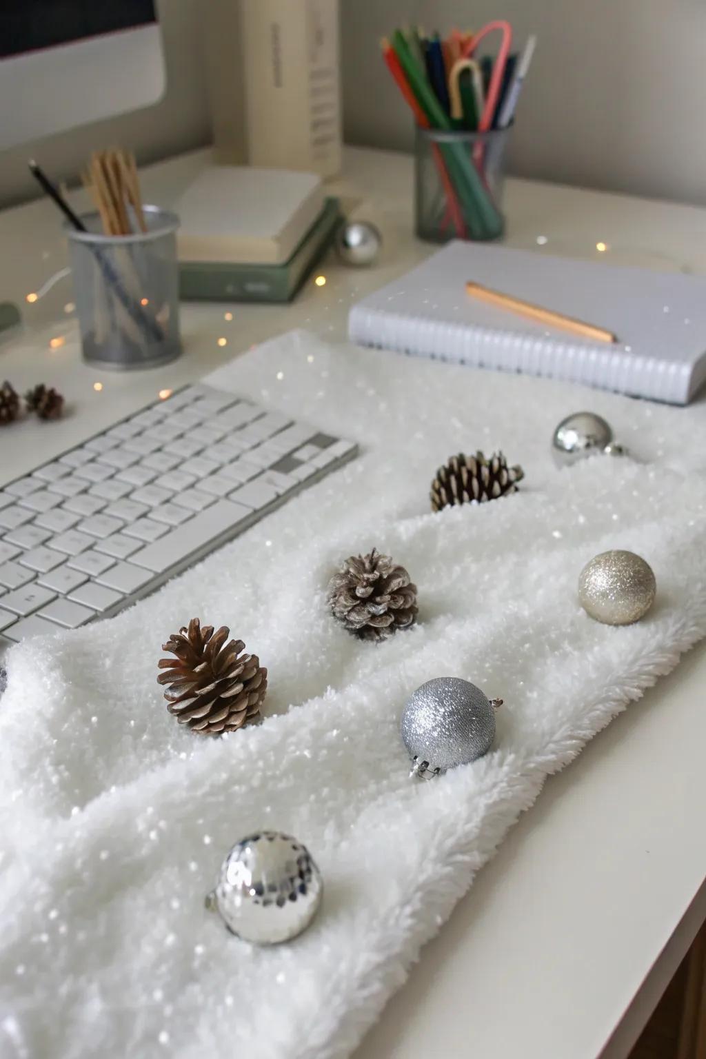 A desk undergoes a remarkable transformation with snow-inspired embellishments, culminating in a captivating winter wonderland atmosphere.