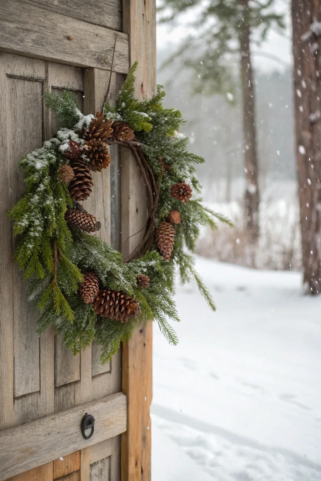 Welcome the essence of the forest to your entrance with this pinecone and evergreen wreath.