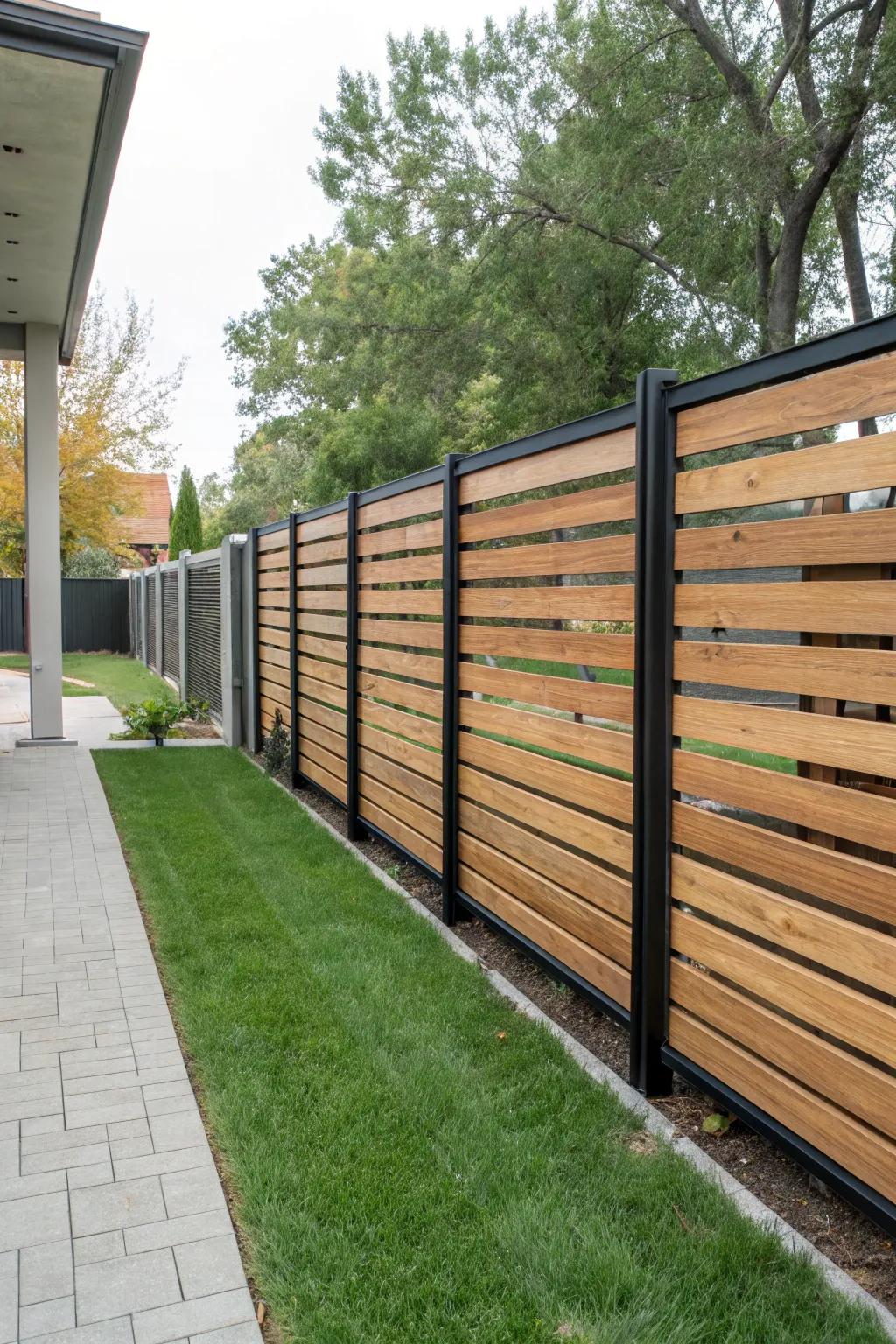 A modern minimalist fence featuring even wood boards and robust metal supports.