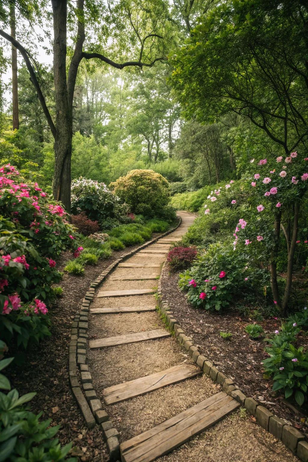 Pathways made of natural wood chips beckon exploration and enrich the charm of any garden.