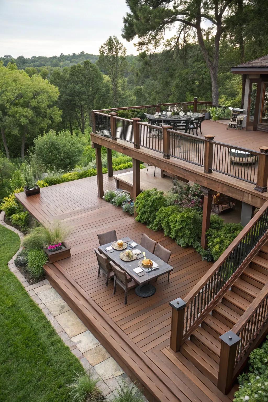 This multi-tiered deck design introduces depth and functional versatility to any backyard expanse.