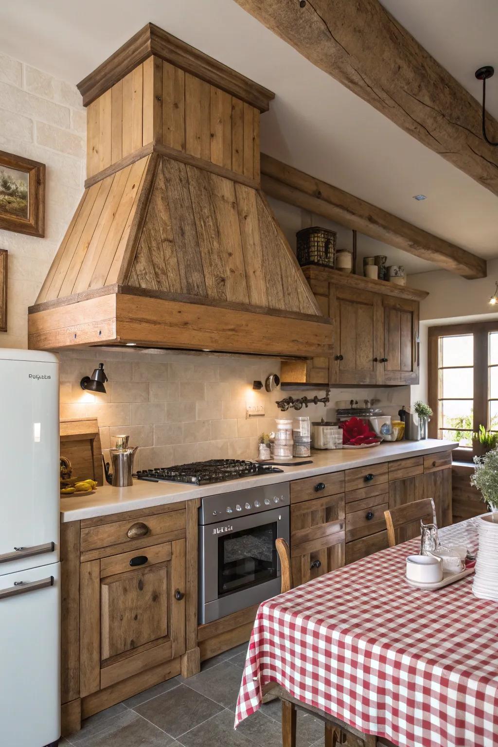 A countryside timber ventilation hood bestows warmth and charm upon any kitchen setting.