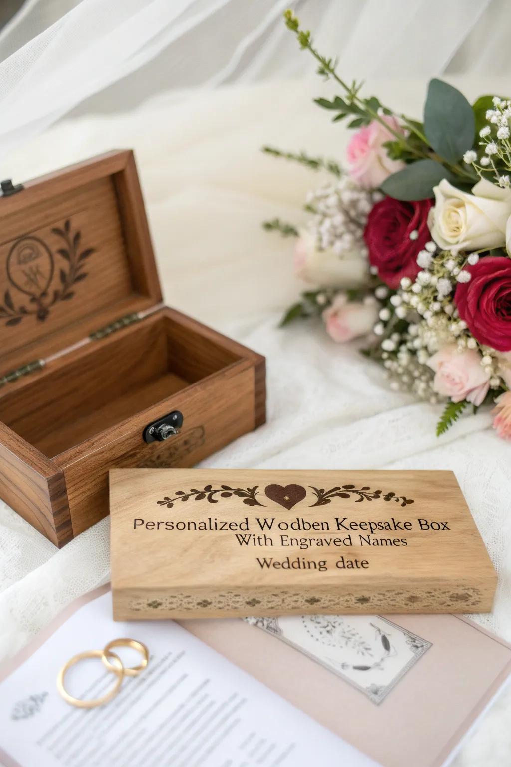 An exquisitely engraved wooden memory chest, ideal for safekeeping wedding memories.