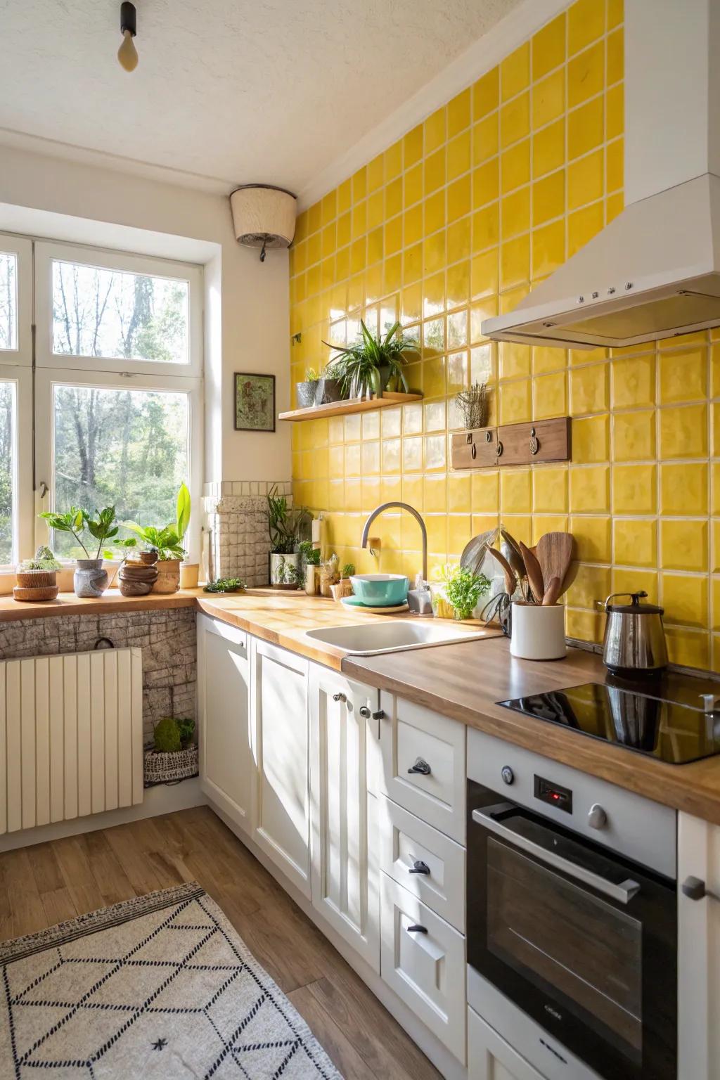 Vivid goldish tiles establish a lively mood in this contemporary kitchen.