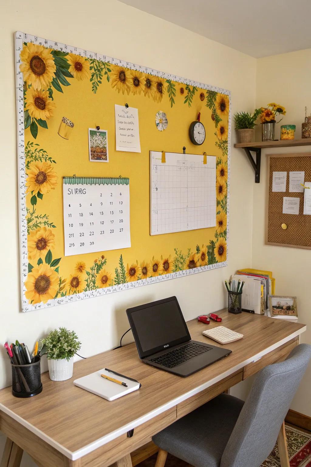 Pinboards gain a revitalizing, fresh touch from sunflower-themed floral borders.
