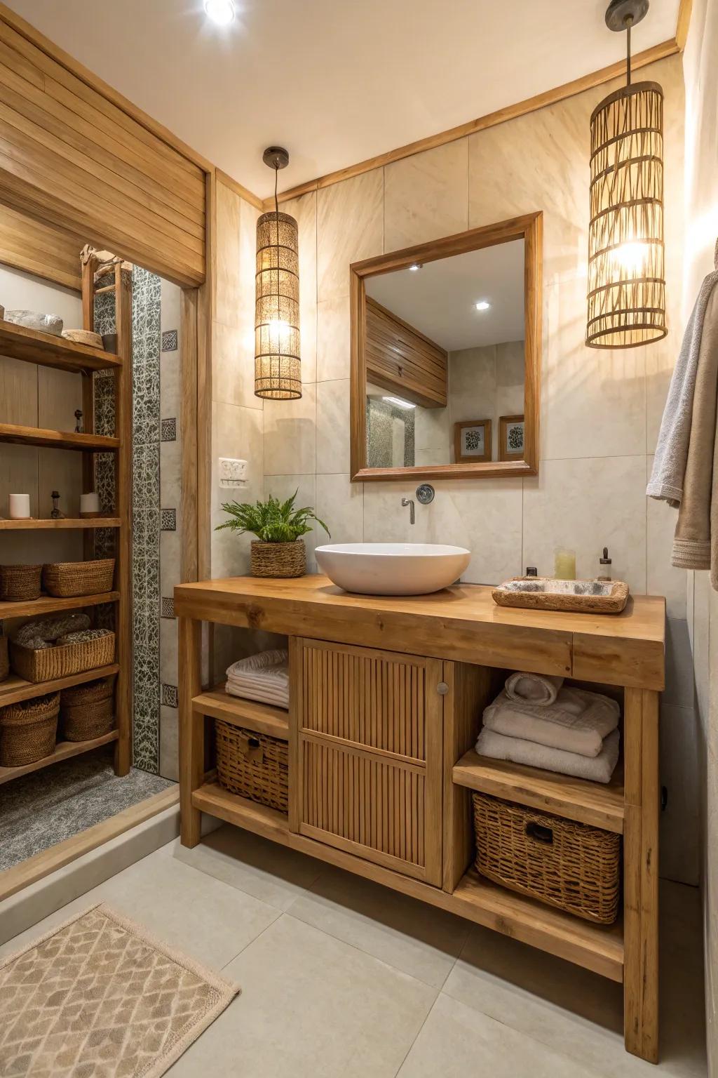 Wood accents yield a cozy, attractive, zen-inspired bathroom atmosphere.