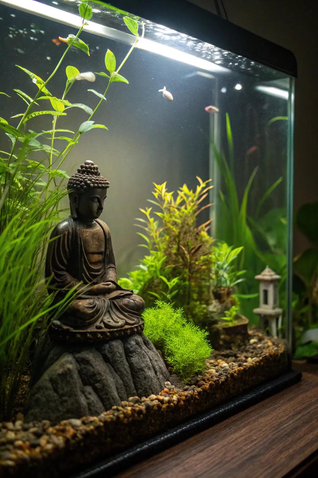The Buddha statue lends a sense of calmness to this tranquil tank.