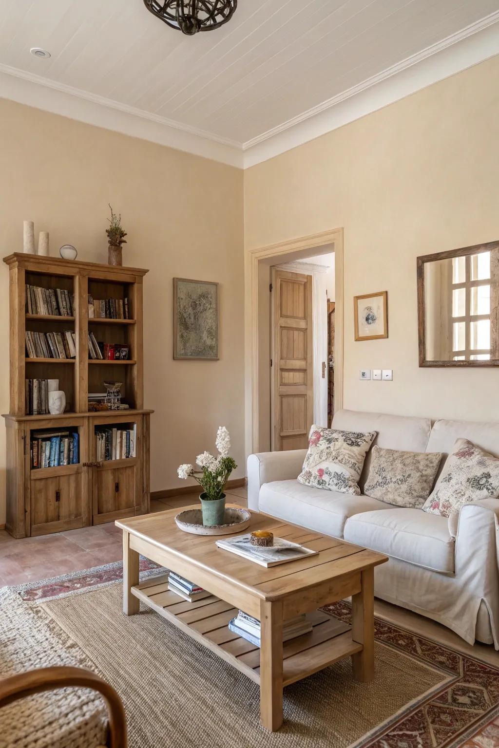 A serene living area featuring muted tones and understated decorations.