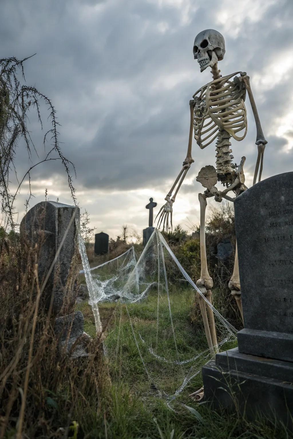 A cemetery tableau showcasing a towering skeleton.