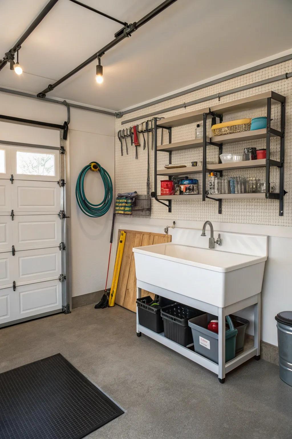 Simplify cleanup procedures through the convenience of a utility basin located within your garage.
