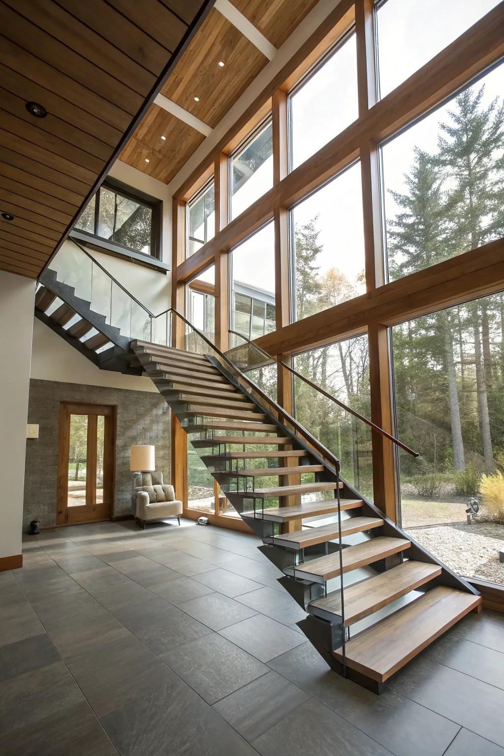 A suspended staircase adds architectural interest and elegance.