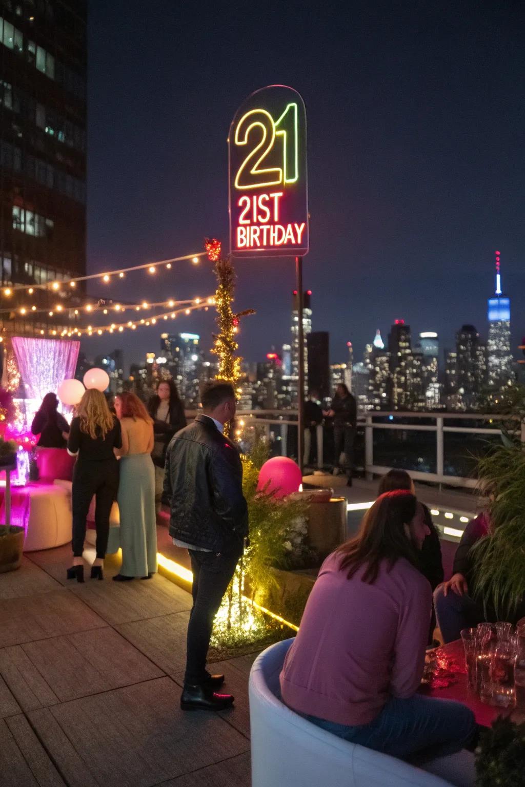 Neon lights introduce a vibrant glow to evening celebrations.