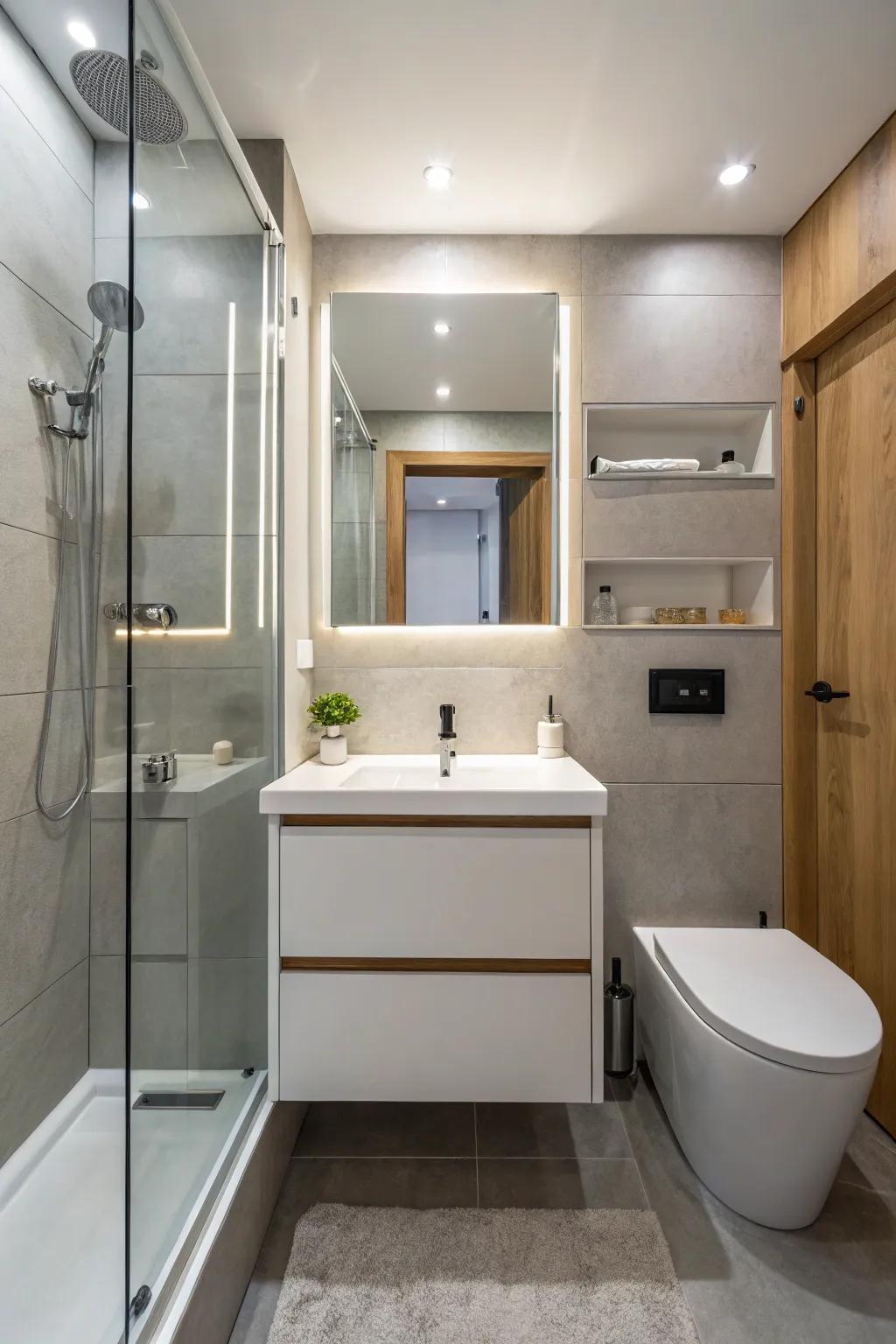 Elevated vanities proffer elegance while economizing on space.