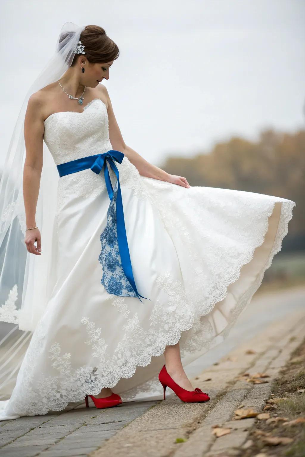Elegant bridal wear featuring a patriotic twist.