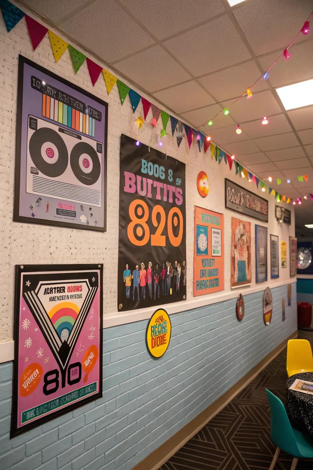 Retro banners and emblems introduce renowned 80s style to your decor.